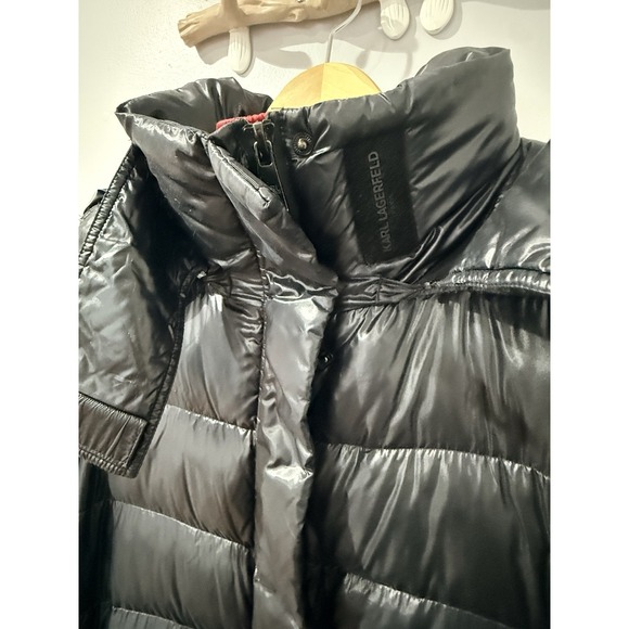 KARL LAGERFELD PARIS Women's Shine Hooded Belted Down Puffer Coat Black Red XL - Picture 5 of 9